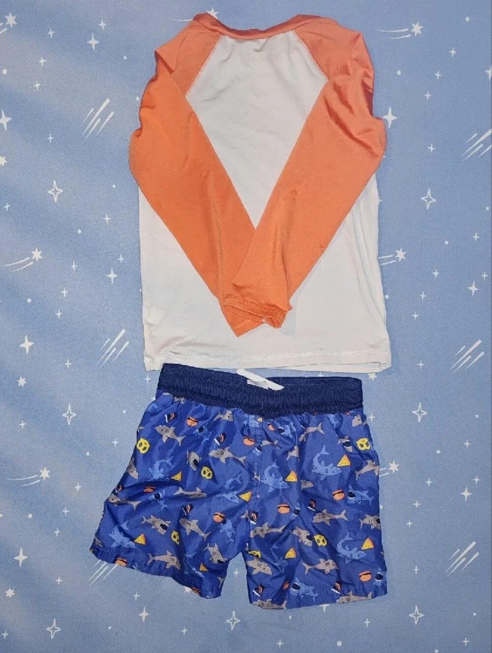 Cat & Jack Boys Orange & White Rash Guard with Blue Shark Swim Trunks